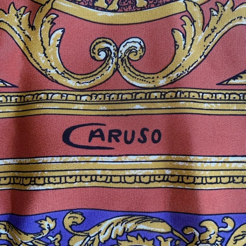 Vintage Caruso Printed Scarf 100% Seta Pura Purple Gold Graphic Print Old Money‎